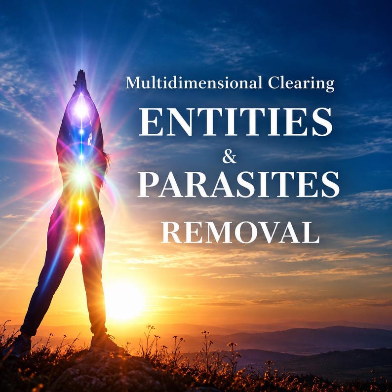 K&ouml;nnte beinhalten: Die Silhouette einer Person mit erhobenen Armen vor einem Sonnenuntergang, mit leuchtenden, mehrfarbigen Lichtpunkten entlang der Wirbels&auml;ule. Der Text lautet: Multidimensional Clearing ENTITIES & PARASITES REMOVAL.