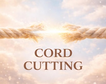 May include: Image of a beige rope breaking apart with a bright light emanating from the center. The words "CORD CUTTING" are displayed in brown text against a cloudy sky background.