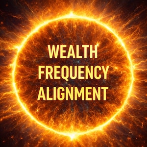 May include: An abstract image featuring a bright, fiery sun-like orb with the words "WEALTH FREQUENCY ALIGNMENT" in bold, yellow capital letters. The background is a dark, textured space with radiating orange and yellow energy.
