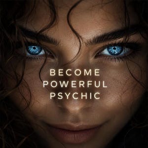Può includere: Un ritratto in primo piano di un volto con intensi occhi blu brillante e capelli scuri e ondulati che incorniciano i lineamenti. Al centro dell'immagine si trova il testo BECOME POWERFUL PSYCHIC in un carattere sans-serif chiaro e luminoso.