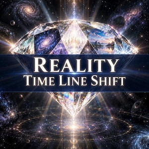 May include: A large, multifaceted diamond shape featuring internal imagery of galaxies, mountains, and light structures. The text REALITY TIME LINE SHIFT is centered across the diamond, which is set against a dark, cosmic background with light rays.