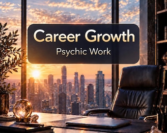 May include: A dark rectangular sign with the gold text Career Growth Psychic Work centered over a desk with a black leather office chair, a laptop, a crystal ball, and a view of a city skyline at sunset through a large window.