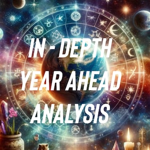 Könnte beinhalten: Ein farbenfrohes Bild mit einem Globus in der Mitte, umgeben von einem Zodiakrad. Der Text "IN-DEPTH YEAR AHEAD ANALYSIS" ist in weißen Buchstaben auf dem Bild geschrieben.