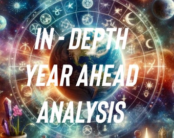 May include: A colourful image with a globe in the centre surrounded by a zodiac wheel. The text "IN-DEPTH YEAR AHEAD ANALYSIS" is written in white letters on the image.