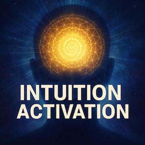 May include: A digital illustration featuring a glowing golden sphere with a spiral design, positioned above a silhouette of a person's head. The words "INTUITION ACTIVATION" are displayed in bold white letters.