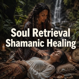 Op de afbeelding: Een persoon met lang donker haar in een gewaad met patronen voert een genezingssessie uit bij een liggend persoon. De tekst Soul Retrieval Shamanic Healing staat in het wit over de afbeelding. De scène bevat kaarsen en een waterval.