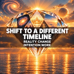 Op de afbeelding: Een grote, gefacetteerde diamant zweeft boven een oceaan bij zonsondergang, met afbeeldingen van een sterrenstelsel, een gouden stad en wolken. De tekst luidt: SHIFT TO A DIFFERENT TIMELINE, REALITY CHANGE, INTENTION WORK.