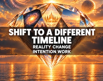 May include: A large, multifaceted diamond shape floating above a sunset ocean, containing images of a galaxy, a golden city, and clouds. The text reads: SHIFT TO A DIFFERENT TIMELINE, REALITY CHANGE, INTENTION WORK, set against a bright sky.