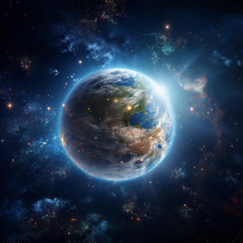 Puede incluir: Un planeta Tierra azul y verde en el espacio con una luz brillante que brilla desde detr&aacute;s. El planeta est&aacute; rodeado de estrellas.