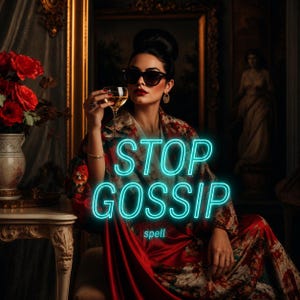 May include: A person wearing dark sunglasses and a red floral patterned robe, holding a glass of liquid. The neon text STOP GOSSIP spell is overlaid in bright cyan. The person has dark hair styled in an updo and wears gold jewelry.