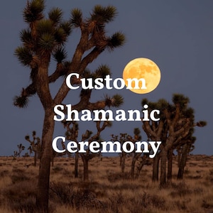 May include: A desert landscape at dusk with Joshua trees and a full moon. The text "Custom Shamanic Ceremony" is overlaid on the image in white, suggesting a spiritual or ritualistic theme.
