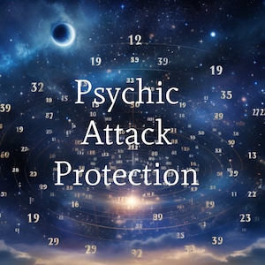 May include: A blue and black background with a circular design featuring numbers and the words "Psychic Attack Protection".