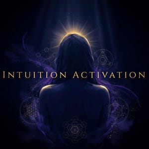 May include: A digital illustration featuring a silhouette of a person from behind with long dark hair, surrounded by glowing purple geometric patterns and light rays. The text INTUITION ACTIVATION is centred in gold capital letters.