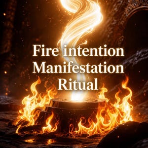 Pode incluir: Uma base circular escura e texturizada rodeada por chamas laranja e amarelas brilhantes. Uma luz giratória e luminosa sobe do centro da base. O texto "Fire intention Manifestation Ritual" está centralizado em letras brancas sobre as chamas.