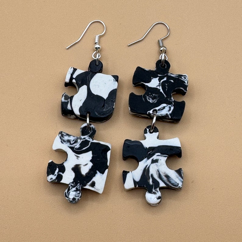 Jigsaw Earrings Handmade Puzzle Earrings Polymer Clay Black White