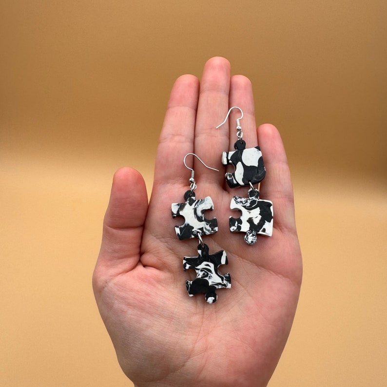 Jigsaw Earrings Handmade Puzzle Earrings Polymer Clay Black White
