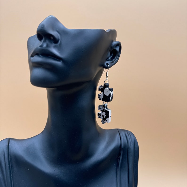 Jigsaw Earrings Handmade Puzzle Earrings Polymer Clay Black White