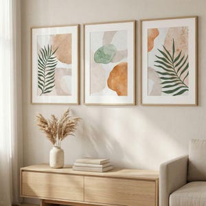 Abstract Botanical Set of 3 Boho Palm Leaves in Earthy & Green Tones