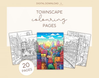 Townscape Colouring Pages - Instant Download, Adult Colouring Pages, Printable PDF