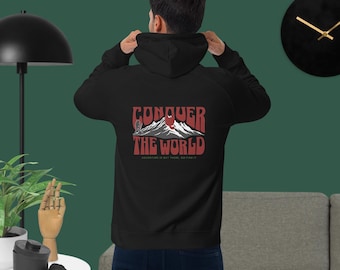 May include: Black hoodie with a red and white graphic on the back that says "CONQUER THE WORLD" above a mountain range. The text "ADVENTURE IS OUT THERE, GO FIND IT" is below the mountain graphic. The hoodie has a drawstring hood.