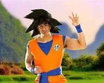 May include: A full-body costume featuring an orange and blue outfit with a black spiky wig. The costume includes a sleeveless top, pants, and wristbands. The character is standing on a grassy field with a mountain backdrop.