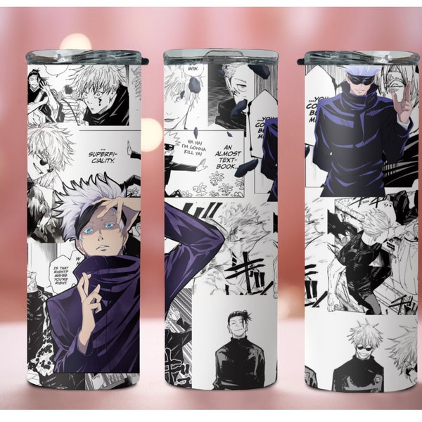 J j k white hair anime character metal tumbler 20oz otaku ~ anime inspired gift ~ go jo manga panel design