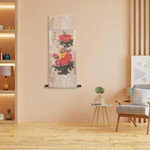 Flowers Bloom in Prosperity: Expressive Peony Painting Traditional Chinese Ink Painting (Repaint on Silk) 30cm * 80 cm