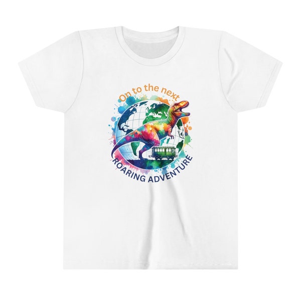 Youth Short Sleeve Tee Kids 'On to the Next Adventure' T-Shirt | Globe Dinosaur Subway Train Tee | Fun Children's Travel Shirt