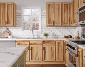 Rustic Hickory Kitchen Cabinets Amish Handcrafted - Ready-to-Assemble Kitchen Cabinets w/ Soft Close Hardware - Made in the USA, Free Quote