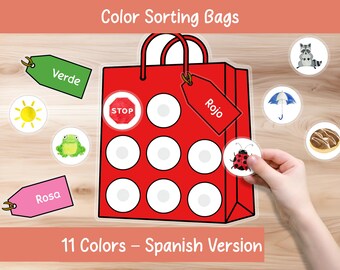 May include: A red shopping bag with 11 circles for sorting. The bag has a tag that says "Rojo" and a stop sign that says "STOP". There are 11 color sorting tags with Spanish words for each color.