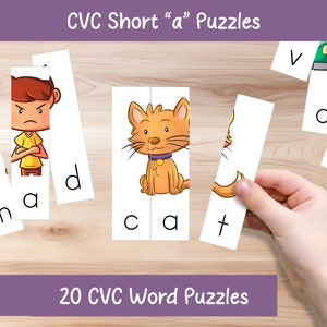 May include: A set of 20 CVC word puzzles featuring images of a cat, a van, and a person. The puzzles are designed to help children learn to read and spell simple words.
