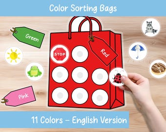 Bolsas para clasificar colores: actividad de aprendizaje de colores para niños pequeños, preescolar, jardín de infantes, educación en el hogar, página de libro de actividades, actividad imprimible