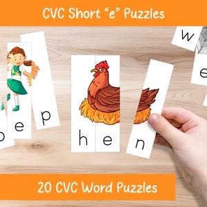 May include: Educational CVC short "e" word puzzles. The image shows several white puzzle pieces with illustrations and letters. One puzzle shows a hen on a nest. The text "CVC Short 'e' Puzzles" and "20 CVC Word Puzzles" are visible.