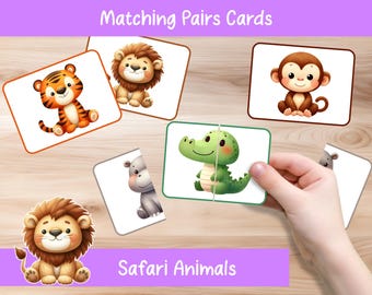 Bijpassende paren - safaridieren - 16 paar - dierenmatchingspel, afdrukbare spellen, matching peuters, thuisonderwijs, dierenflashcards