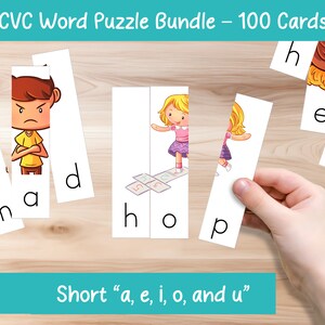 May include: A set of 100 CVC word puzzle cards featuring illustrations of children and the words "mad" and "hop". The cards are designed to help children learn short vowel sounds.