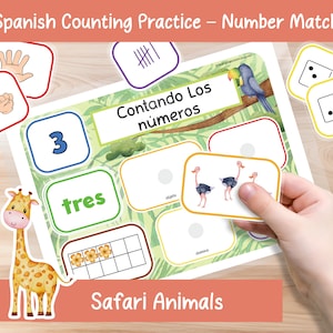 Spanish Number Counting (1-10) Practice Activity (Safari Animal Themed) for Toddlers Preschool Kindergarten Homeschooling Busy Book Page