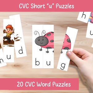 May include: A set of 20 CVC word puzzles featuring short "u" sounds. The puzzles include images of a ladybug, a child playing in mud, and the letters "b", "u", "g", "m", "u", "d", and "h".