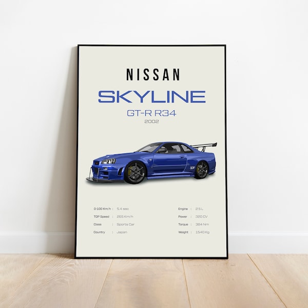 2002 Nissan skyline GT-R Poster Digital Download Wall Art for Kids Boys Room Decor Children Home Office Art Instant Download