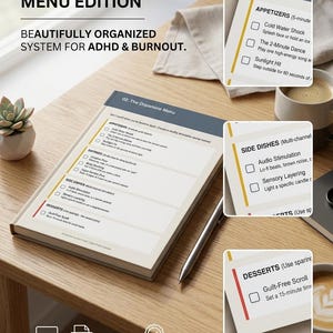 以下が含まれることがあります： 「EXECUTIVE FUNCTION TOOLKIT: DOPAMINE MENU EDITION」と「BEAUTIFULLY ORGANIZED SYSTEM FOR ADHD & BURNOUT」と書かれたノート。 ノートはチェックリスト項目のあるページに開かれています。 チェックリスト項目のある小さなカードも表示されています。