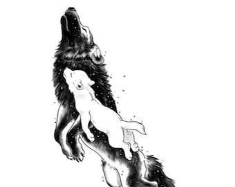 May include: Black and white line art illustration of a wolf howling with a smaller wolf pup curled up on its back.