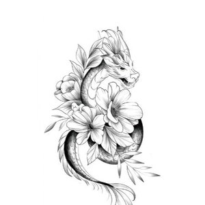 May include: A black and white line drawing of a dragon curled around a bouquet of flowers. The dragon's head is visible and the tail is curled around the flowers.