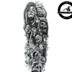 May include: Black and white tattoo design featuring a woman with a skull, roses, and a motorcycle. The design is in a traditional style and is perfect for a sleeve tattoo.