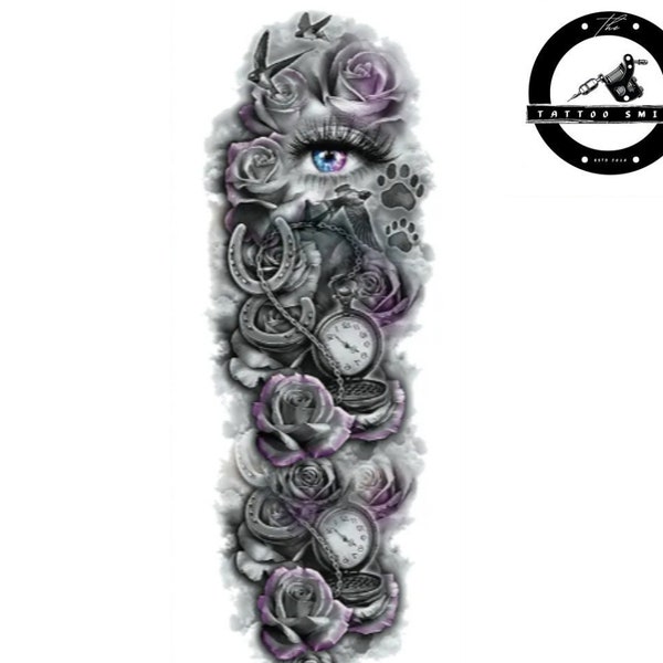 Elegant Full Sleeve Temporary Tattoo - Purple Roses, Pocket Watches, Horseshoe, Eye
