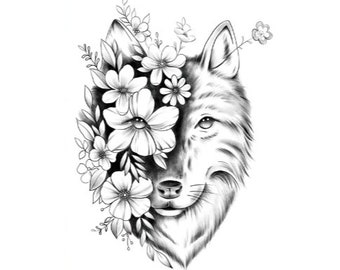 May include: A black and white line drawing of a wolf's head with flowers covering one side of the face.