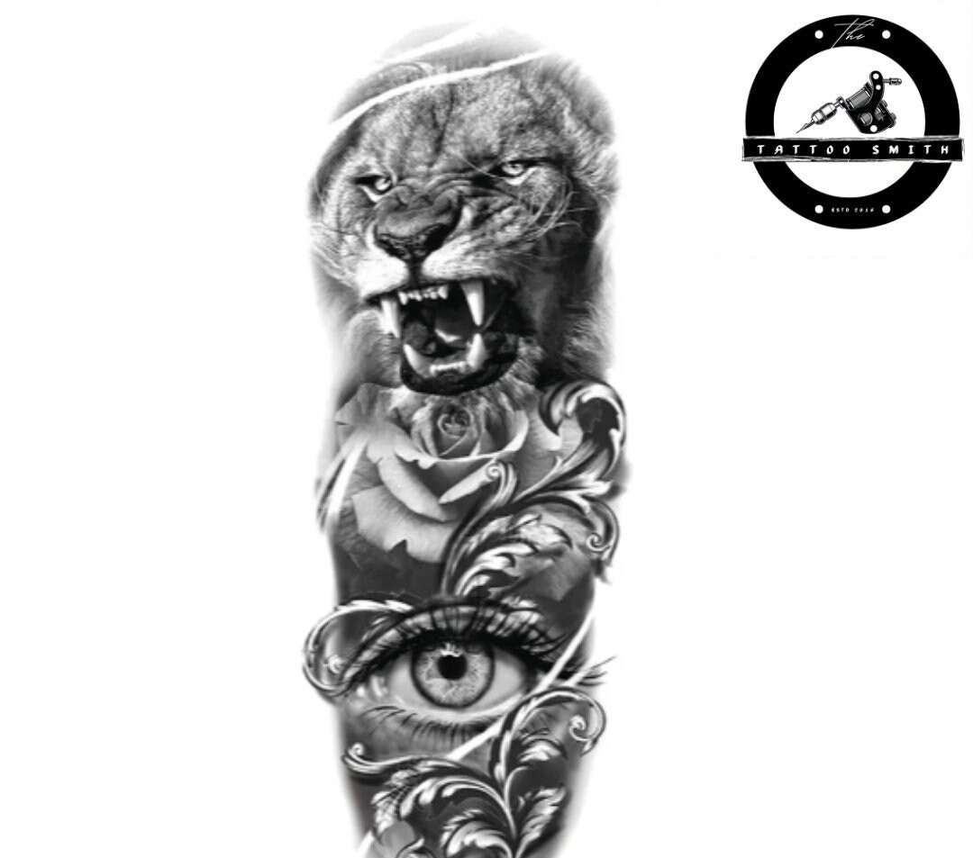 Majestic Lion, Rose, and Eye Tattoo - Symbolism Meets Artistry - Etsy Norway, image size:1080x953