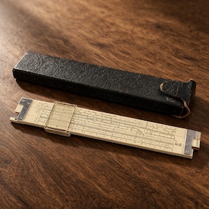 May include: A vintage slide rule with a cream-colored body and black markings, resting on a wooden surface. The slide rule is accompanied by a black leather case. The slide rule has a metal frame and is marked with the letters "K-E".