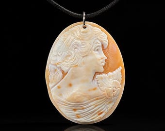Italian Shell Cameo Necklace Pendant, Vintage Hand Carved Cameo, Signed