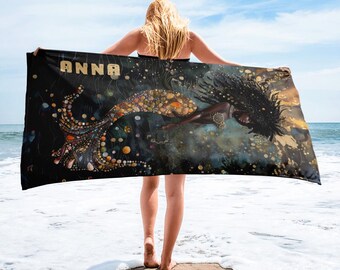 Gepersonaliseerde strandhanddoek | Naam op maat | Zee | Verjaardag | Valentijnsdag | Cadeau | Strand | Afro-zeemeermin | Zeemeermin