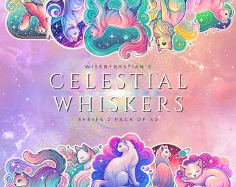 May include: A set of 40 colorful cat stickers with a galaxy theme. The stickers feature cats in various poses, including sleeping, sitting, and jumping. The stickers are perfect for adding a touch of whimsy to laptops, water bottles, journals, and more.