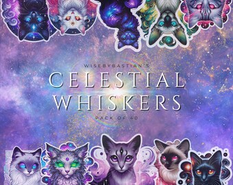 Celestial Whiskers , Series 1 - 40-Pack Mystical Cat Digital Clipart, Instant Download, DALL·E 3 Created Art